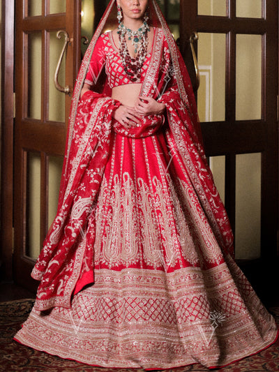 Red Raw Silk Lehenga Set