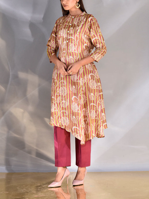 Olive Green Vasansi Silk Asymmetric Printed Kurti
