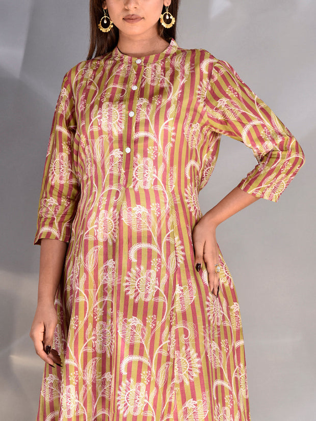 Olive Green Vasansi Silk Asymmetric Printed Kurti