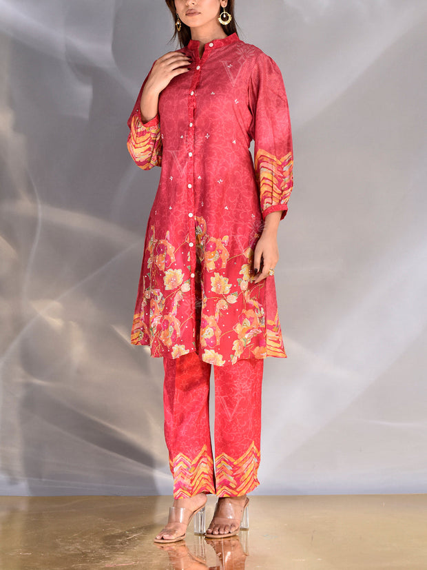 Red Vasansi Silk Printed Co Ord Set
