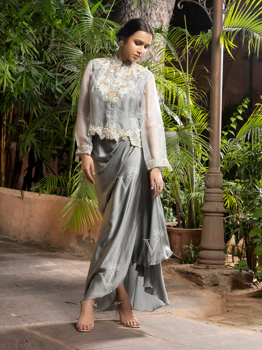 Organza Grey Skirt Cropped Buy Grey Crop Top With Jacket And Drape
