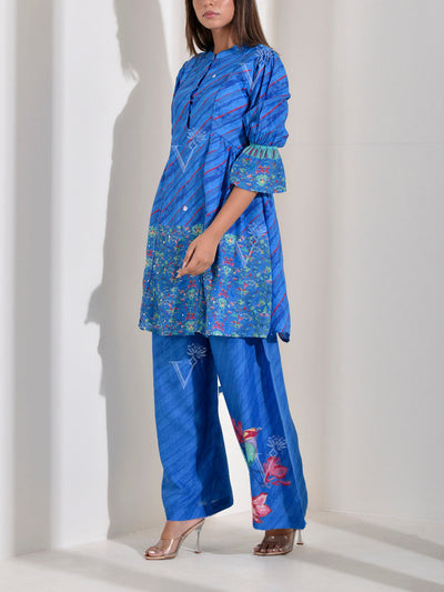 Peacock Blue Leheriya Printed Co Ord Set