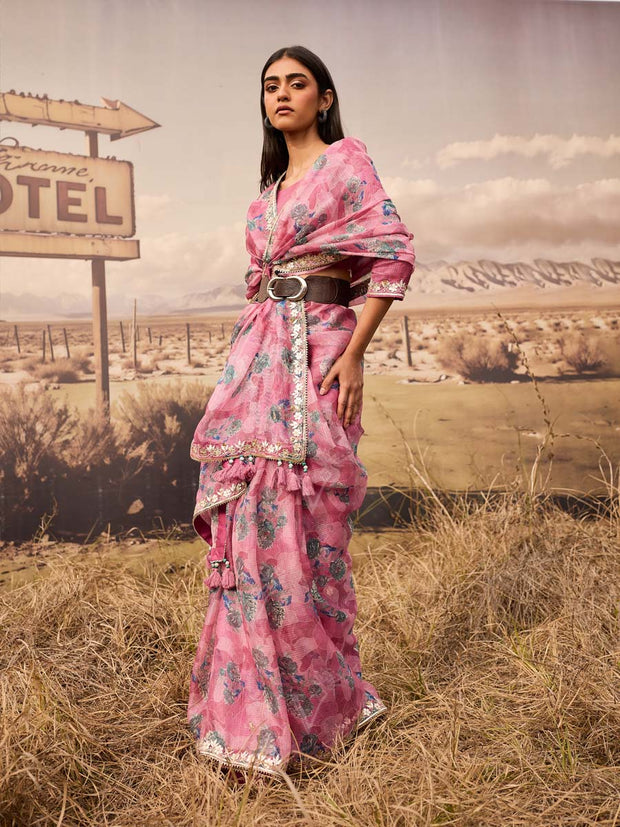 Pink Printed Gota Patti Saree