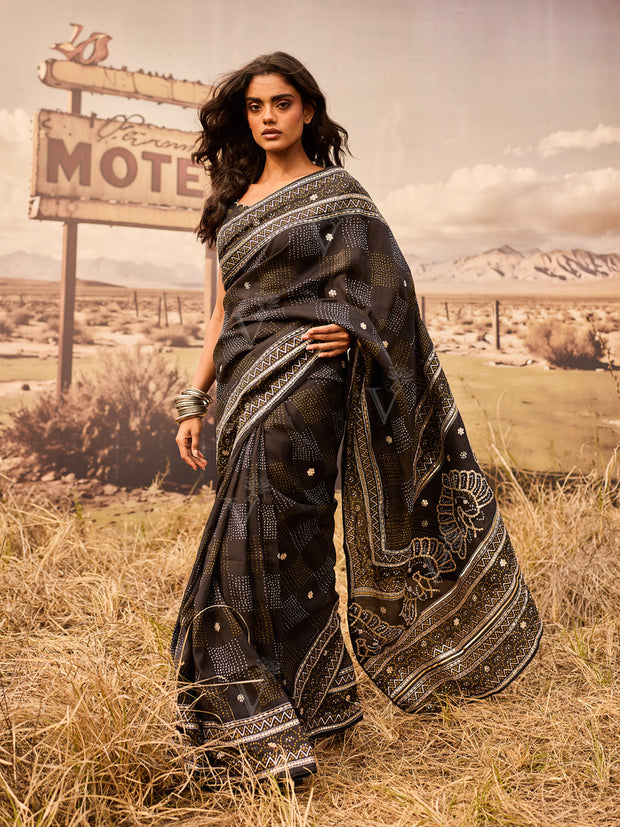 Black Bandhani Printed Gota Patti Saree