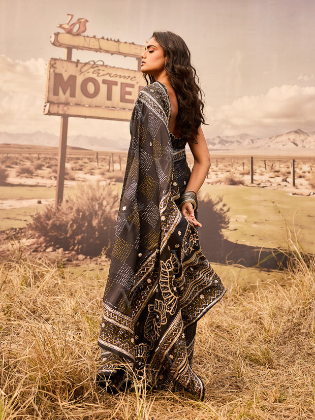 Black Bandhani Printed Gota Patti Saree