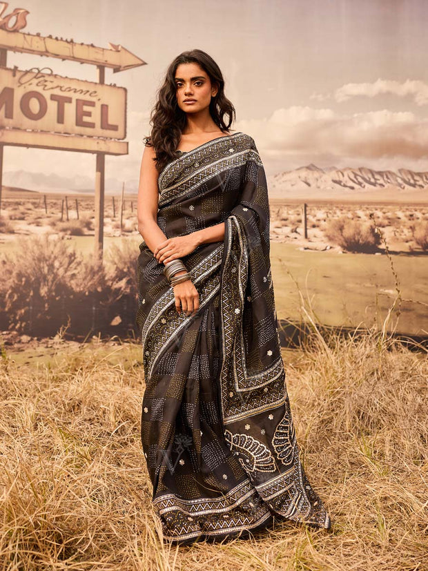 Black Bandhani Printed Gota Patti Saree
