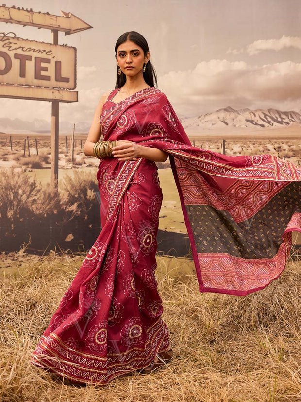 Maroon Bandhani Printed Gota Patti Saree 