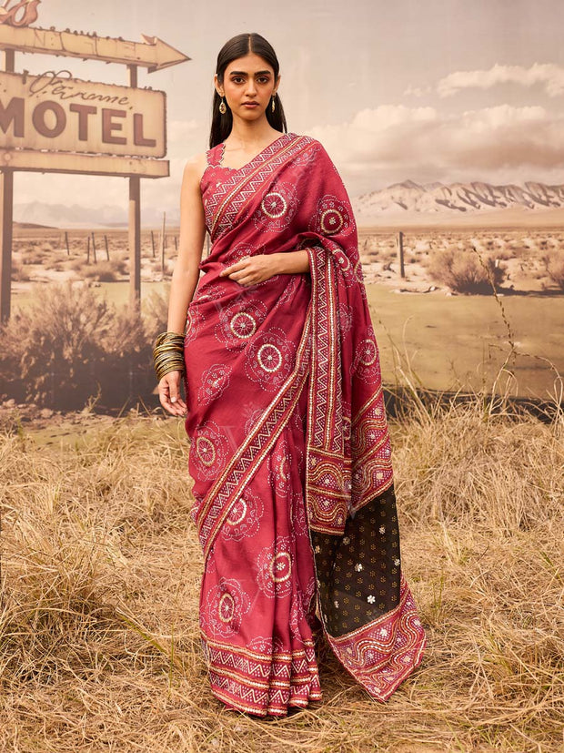 Maroon Bandhani Printed Gota Patti Saree 