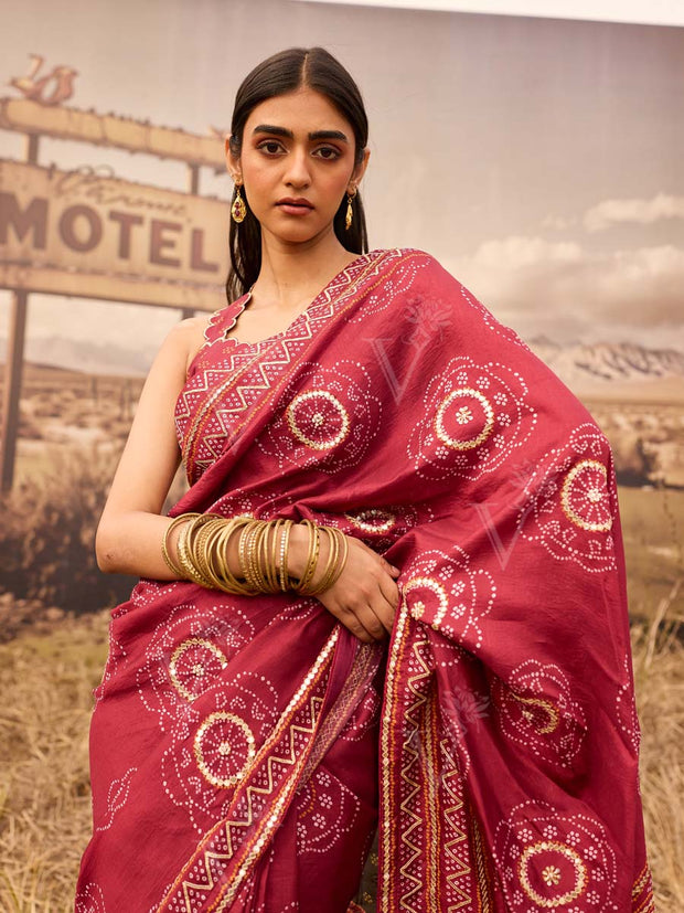 Maroon Bandhani Printed Gota Patti Saree 