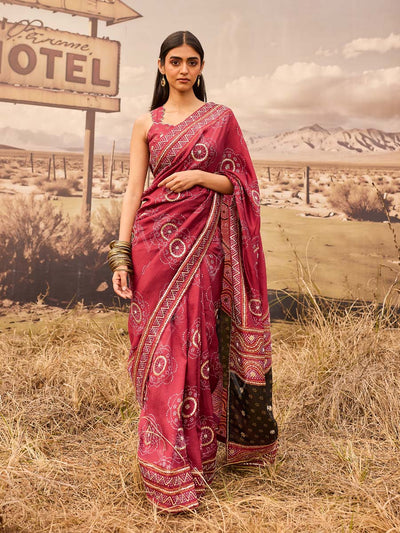 Maroon Bandhani Printed Gota Patti Saree 