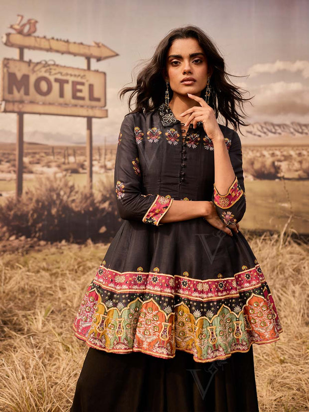 Black Silk Peplum and Palazzo Set 