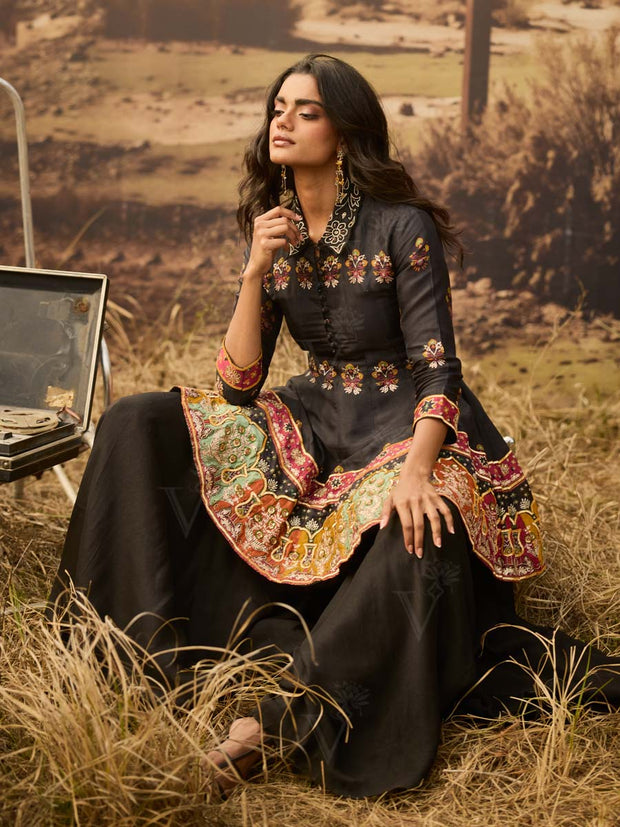 Black Silk Peplum and Palazzo Set 