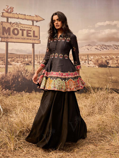 Black Silk Peplum and Palazzo Set 