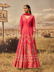 Red Silk Bandhani Printed Anarkali Gown