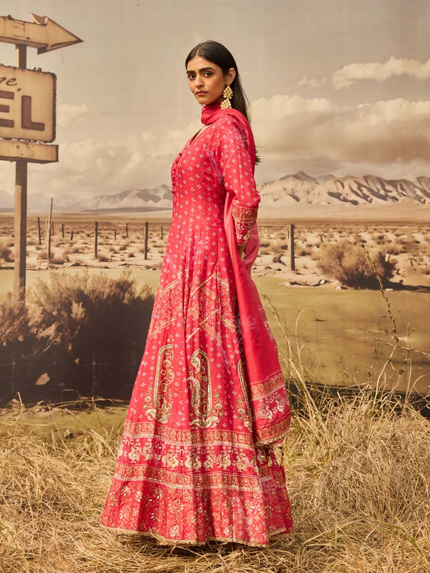 Red Silk Bandhani Printed Anarkali Gown