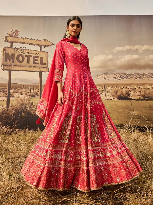 Red Silk Bandhani Printed Anarkali Gown