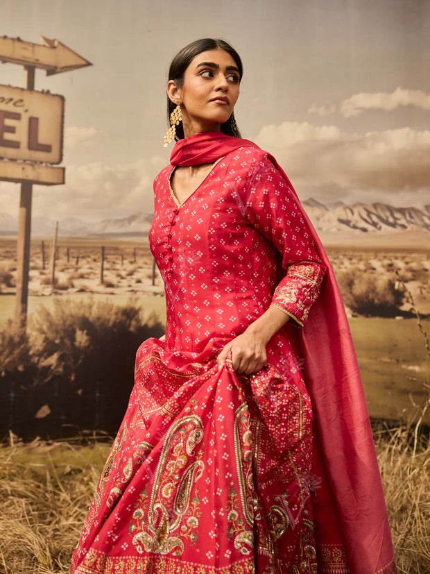 Red Silk Bandhani Printed Anarkali Gown