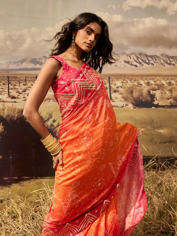 Pink and Orange Bandhani Gota Patti Saree