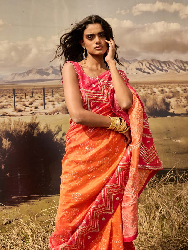 Pink and Orange Bandhani Gota Patti Saree