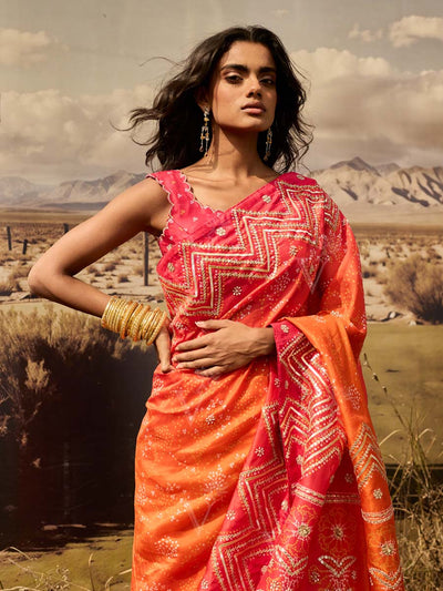 Pink and Orange Bandhani Gota Patti Saree