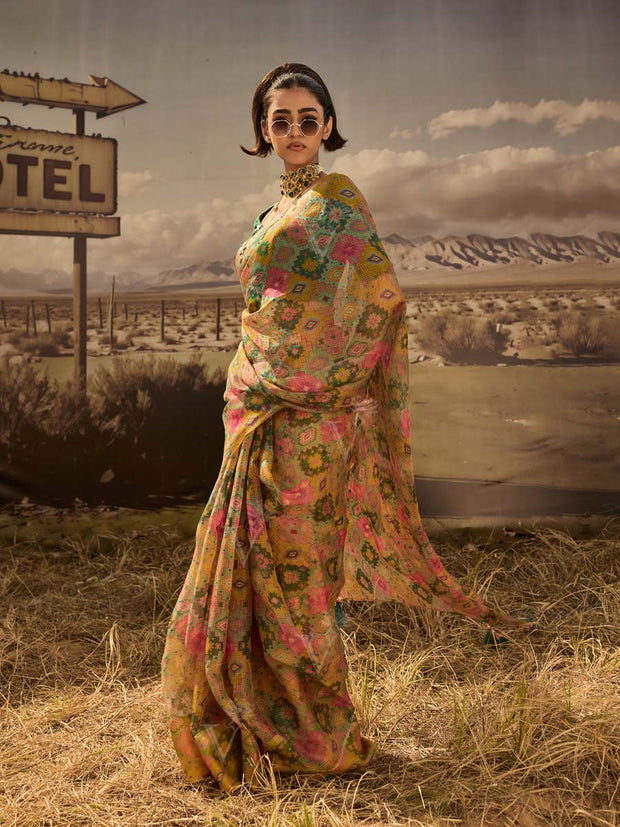 Yellow Printed Saree