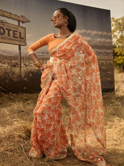 Orange Printed Gota Patti Saree