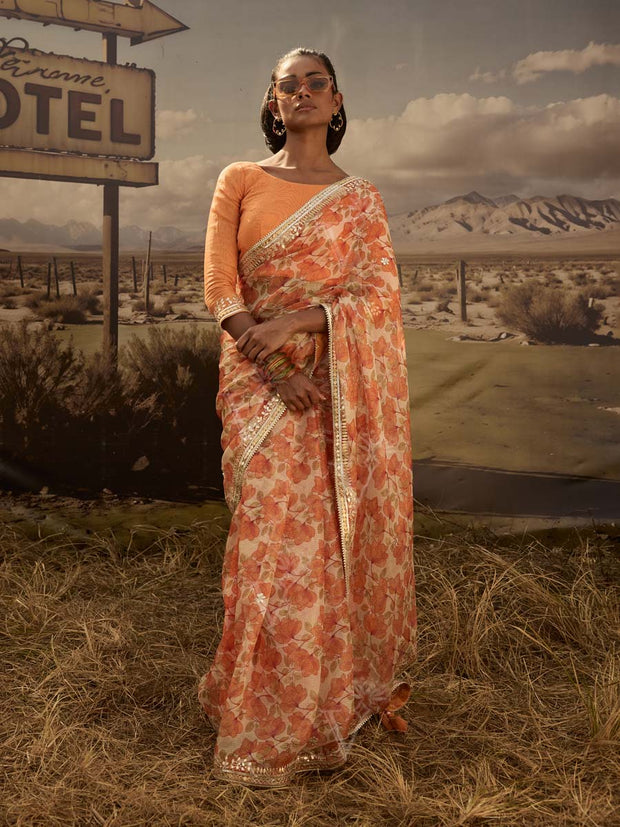 Orange Printed Gota Patti Saree