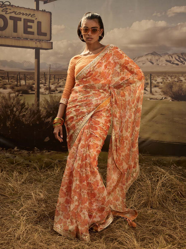Orange Printed Gota Patti Saree