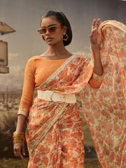 Orange Printed Gota Patti Saree