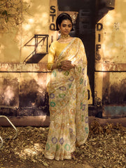 Cream Printed Gota Patti Saree