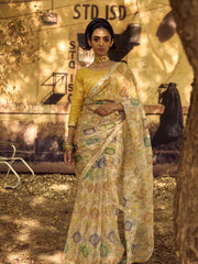 Cream Printed Gota Patti Saree