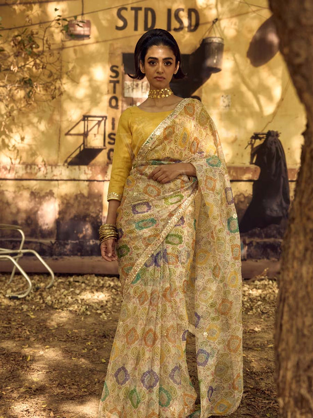 Cream Printed Gota Patti Saree