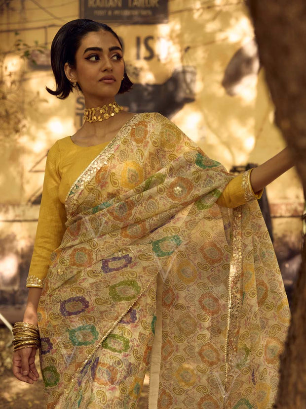 Cream Printed Gota Patti Saree