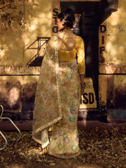 Cream Printed Gota Patti Saree