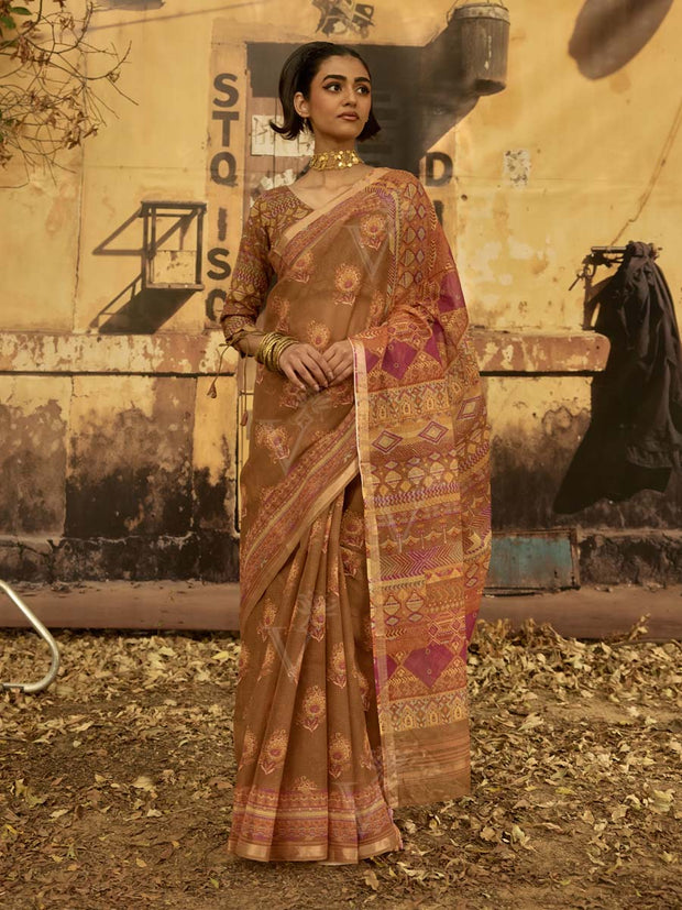 Brown Doria Printed Saree