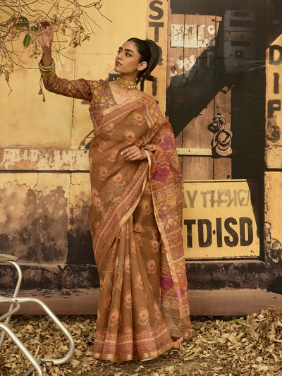 Brown Doria Printed Saree