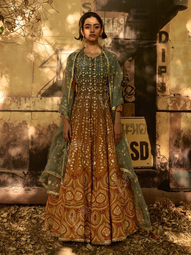 Brown and Green Ombre Silk Anarkali Gown