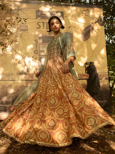 Brown and Green Ombre Silk Anarkali Gown