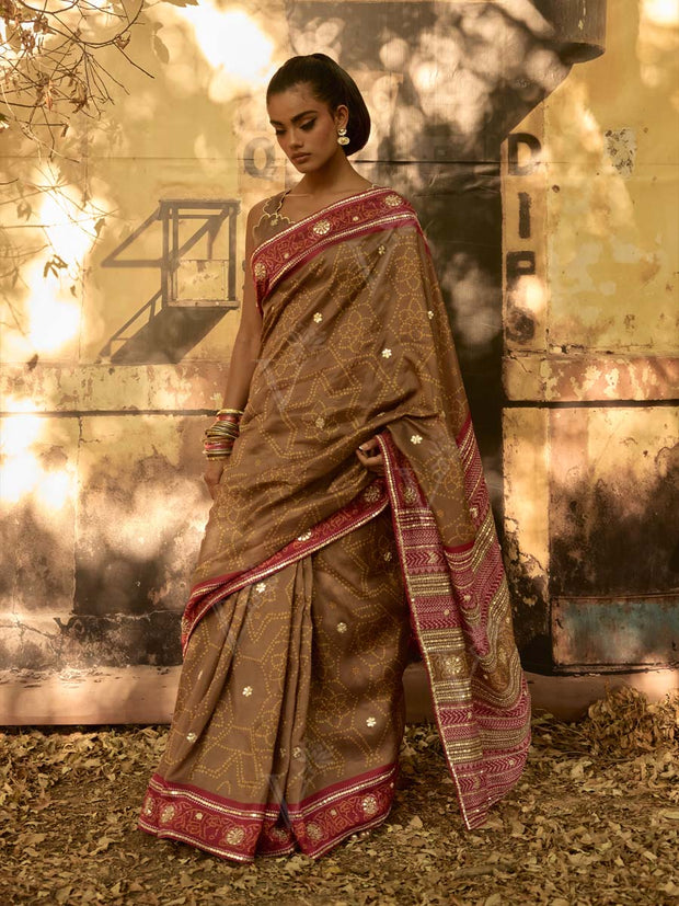 Brown Printed Gota Patti Saree