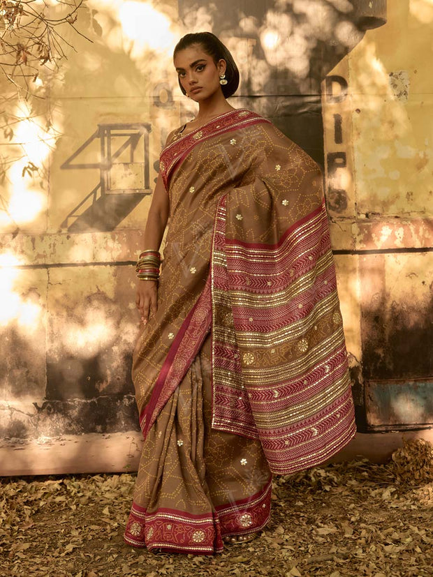 Brown Printed Gota Patti Saree