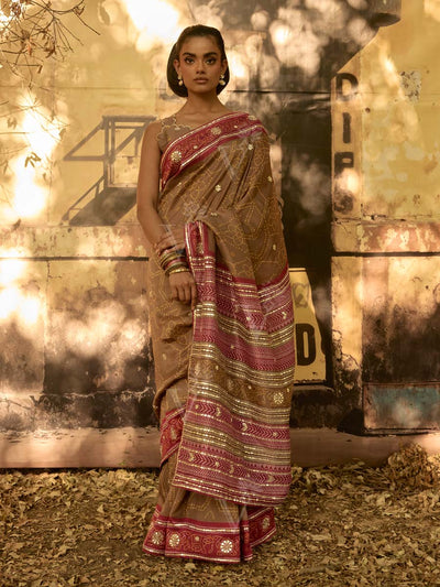 Brown Printed Gota Patti Saree