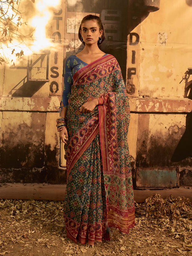 Blue Green Patola Print Saree