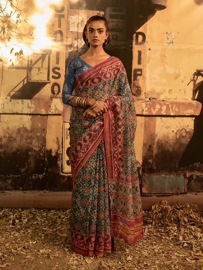 Blue Green Patola Print Saree