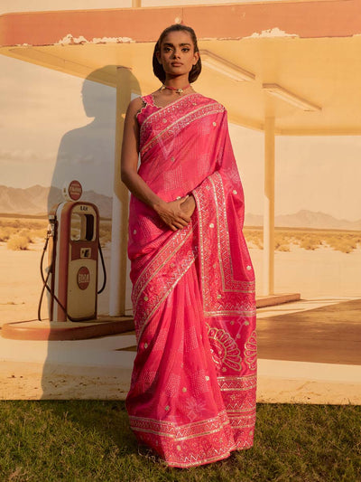 Pink Printed Gota Patti Saree