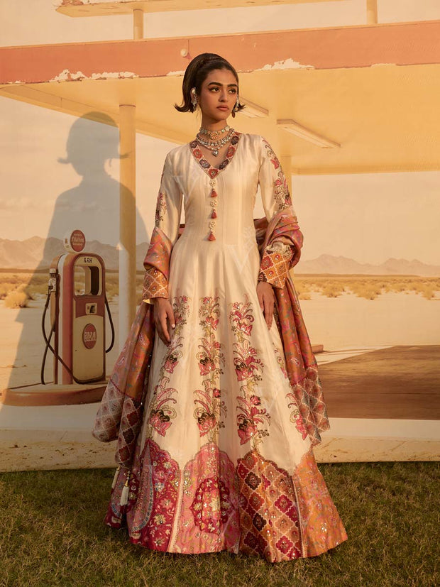 Cream Printed Embroidered Anarkali Gown