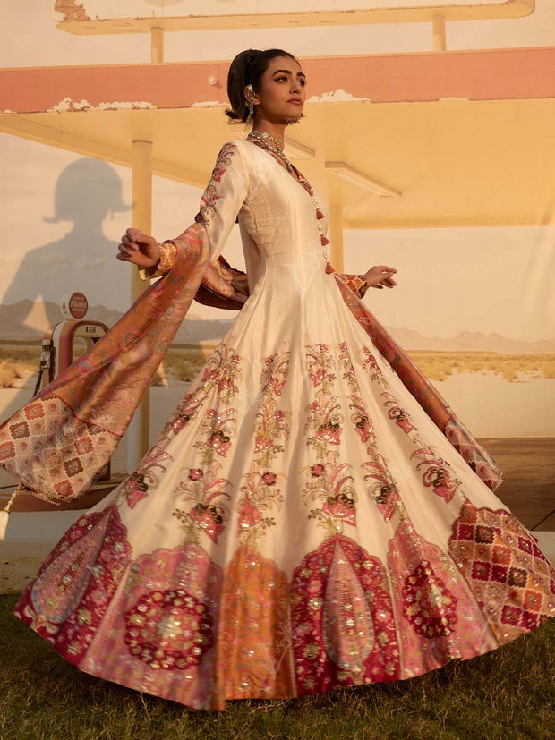 Cream Printed Embroidered Anarkali Gown