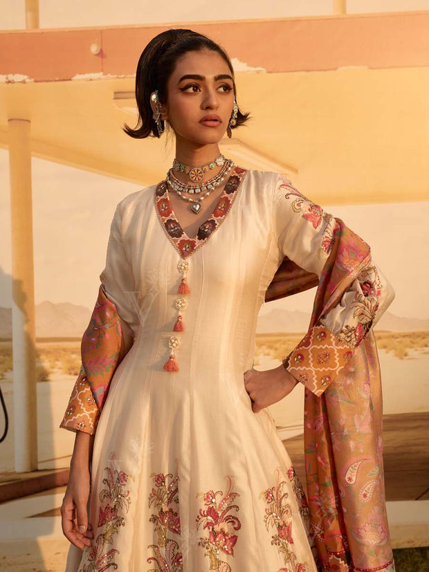Cream Printed Embroidered Anarkali Gown