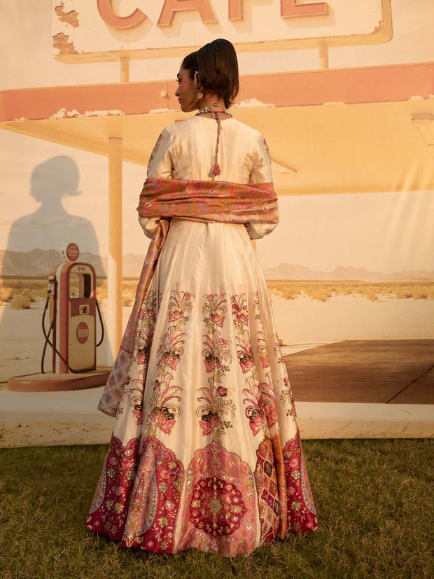 Cream Printed Embroidered Anarkali Gown