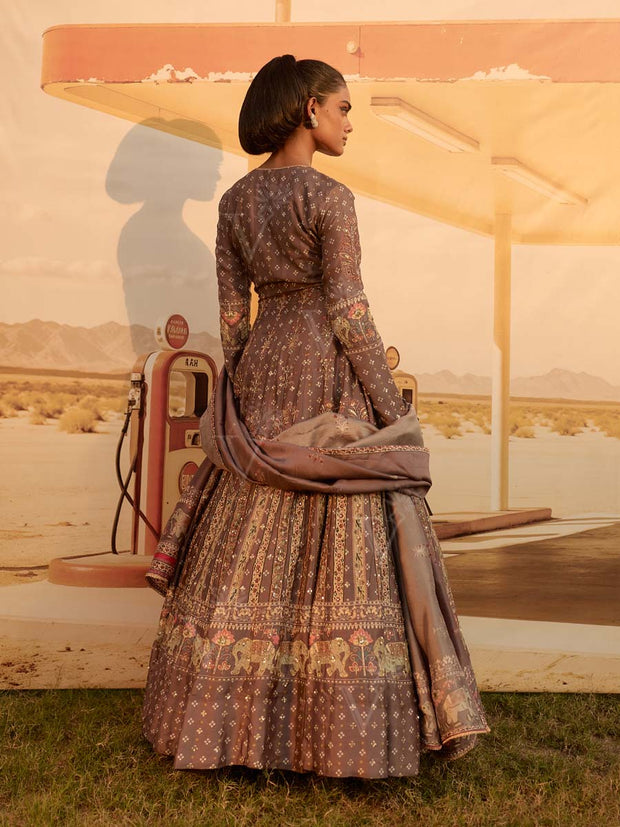 Brown Bandhani Anarkali Gown