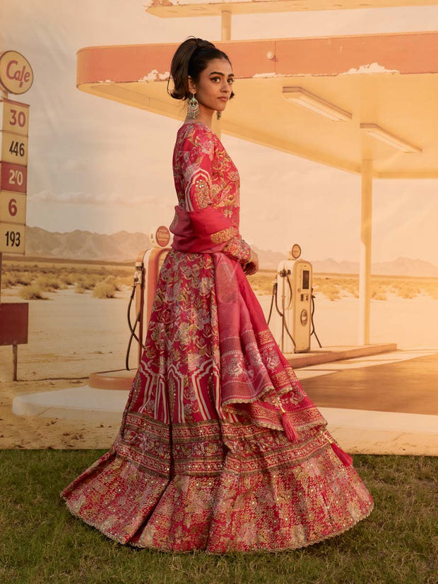 Red Printed Embroidered Anarkali Gown